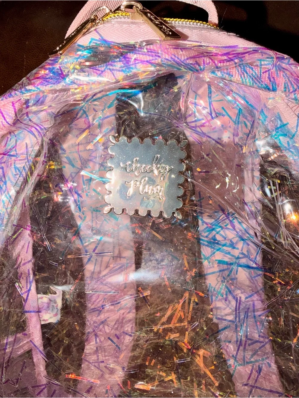 cheeky plum Holographic Clear Backpack with Pink Trim and Gold Hardware